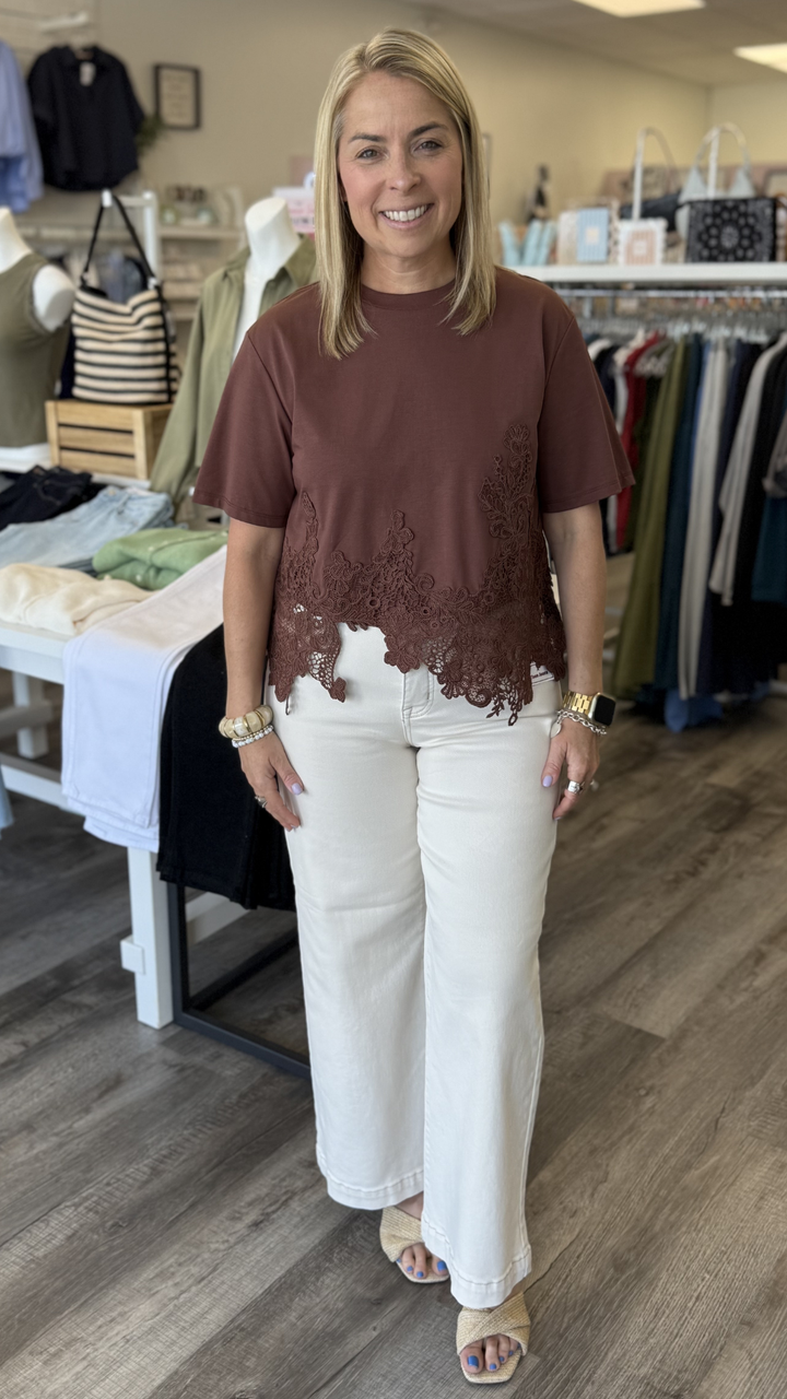 Brown Asymmetric Lace Hem Top