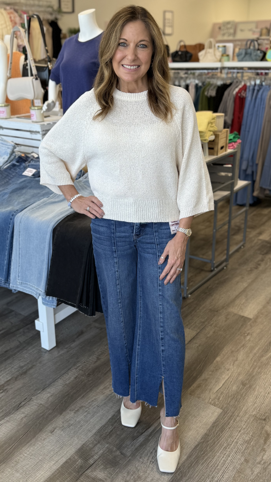 Cream Round Neck Quarter Sleeve Knitted Top