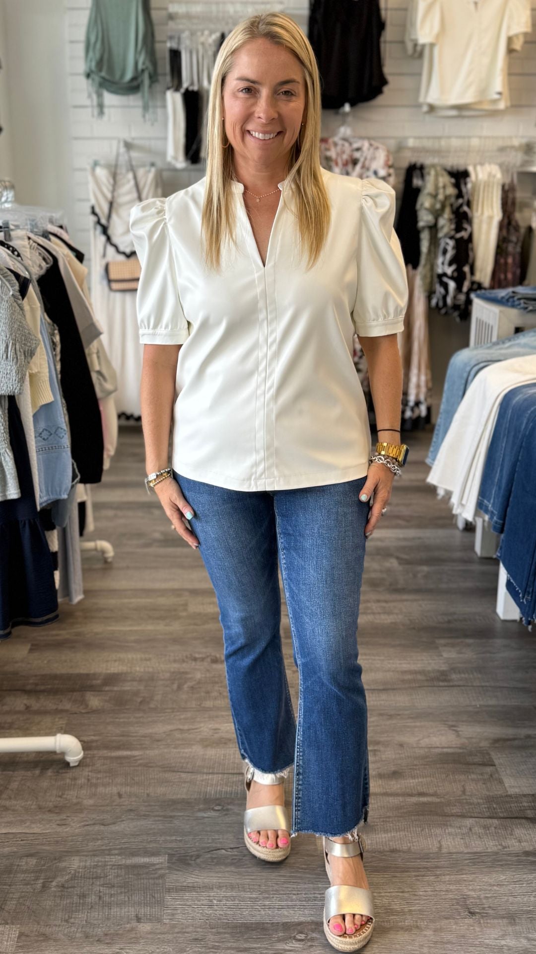 Split Neck Faux Leather Top