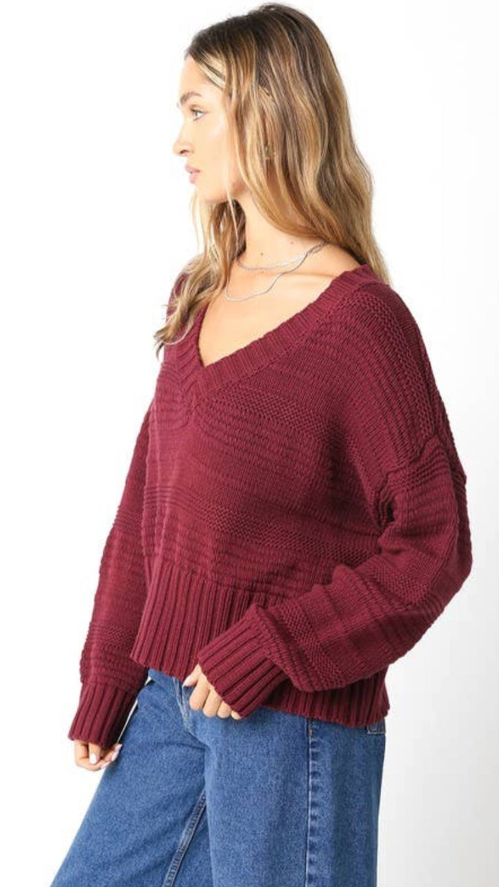 Burgundy Chunky V Neck Sweater