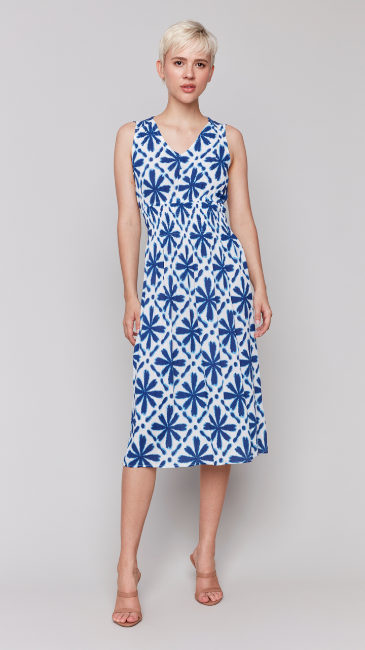 Printed Sleeveless Dress With Ruching At Empire Waist