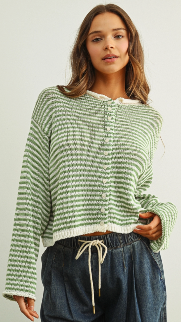 Matcha And White Button Front Knit Cardigan