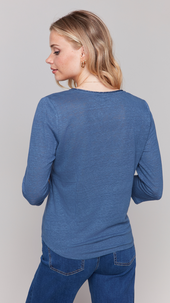 Quarter Sleeve Linen Blend Top With Neck Trim