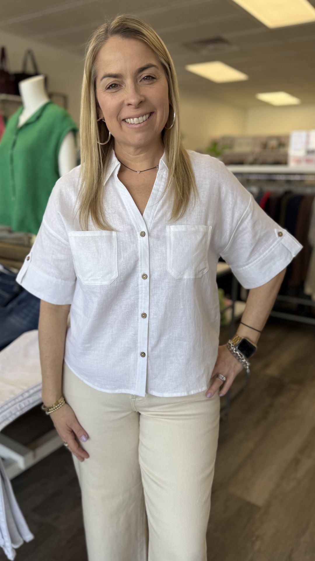 Short Sleeve Button Front Linen Blouse With Patch Pockets