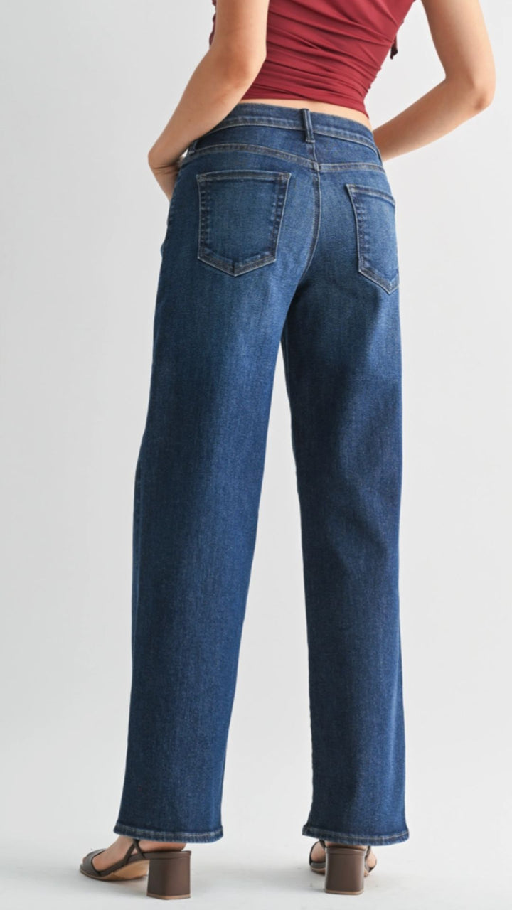 Mid Rise Dark Wash Full Length Straight Jeans
