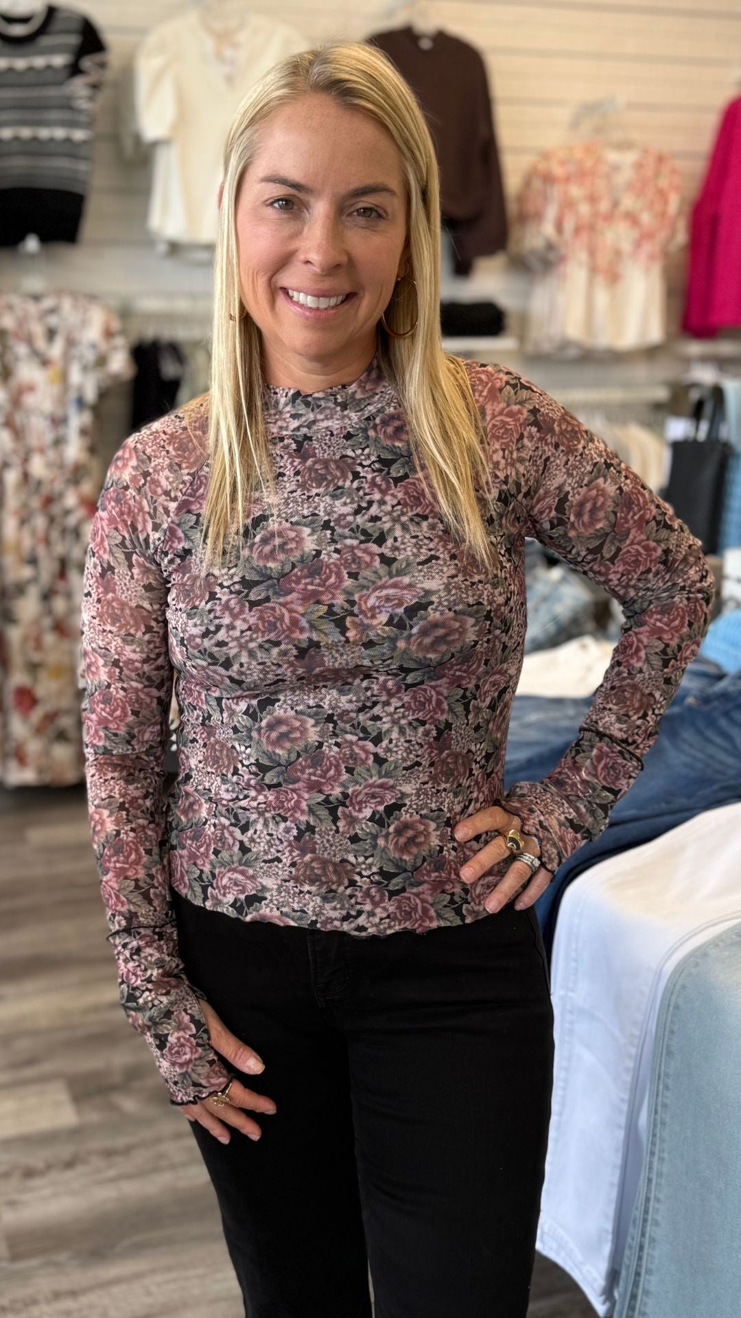 Black Floral Print Mesh Mock Neck Top