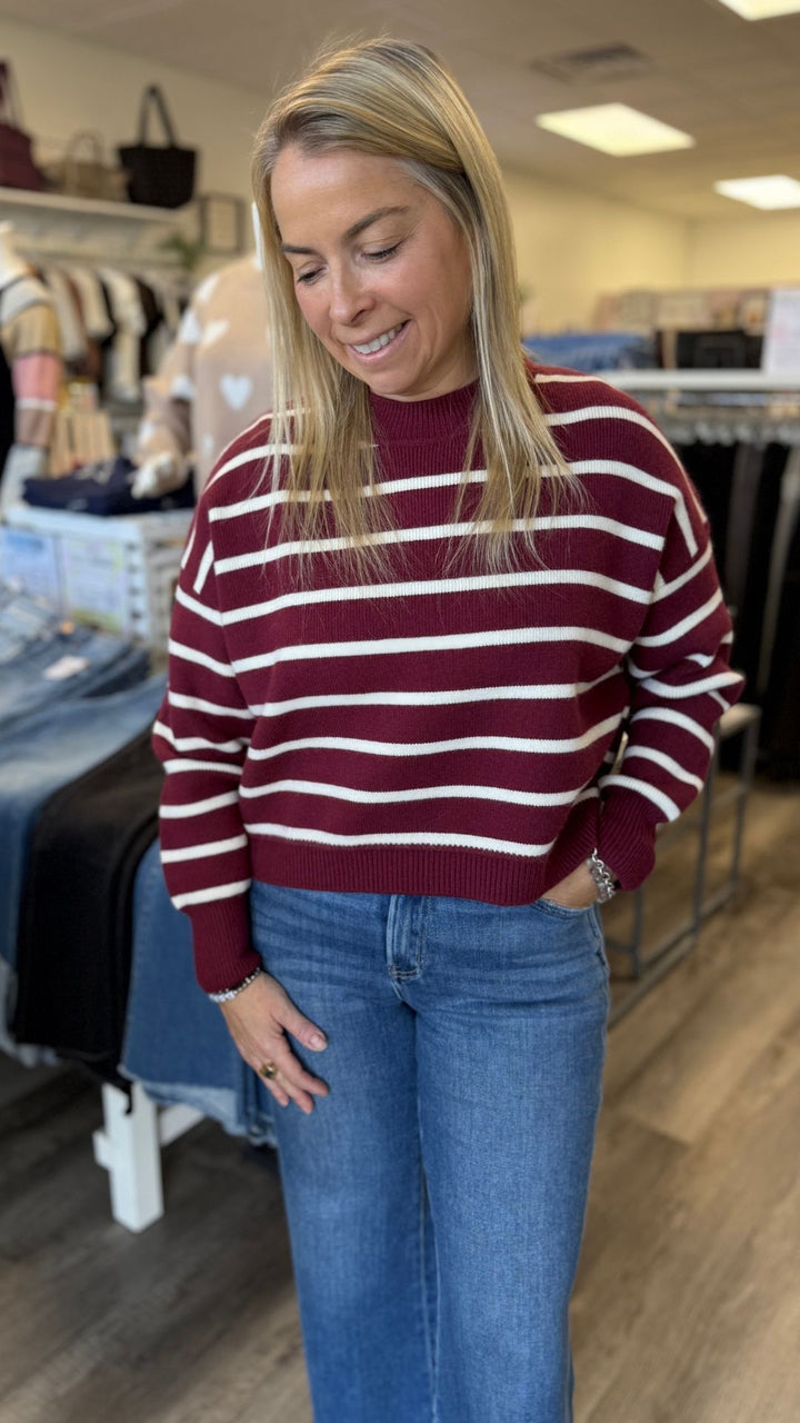 Burgundy And Ivory Stripe Sweater