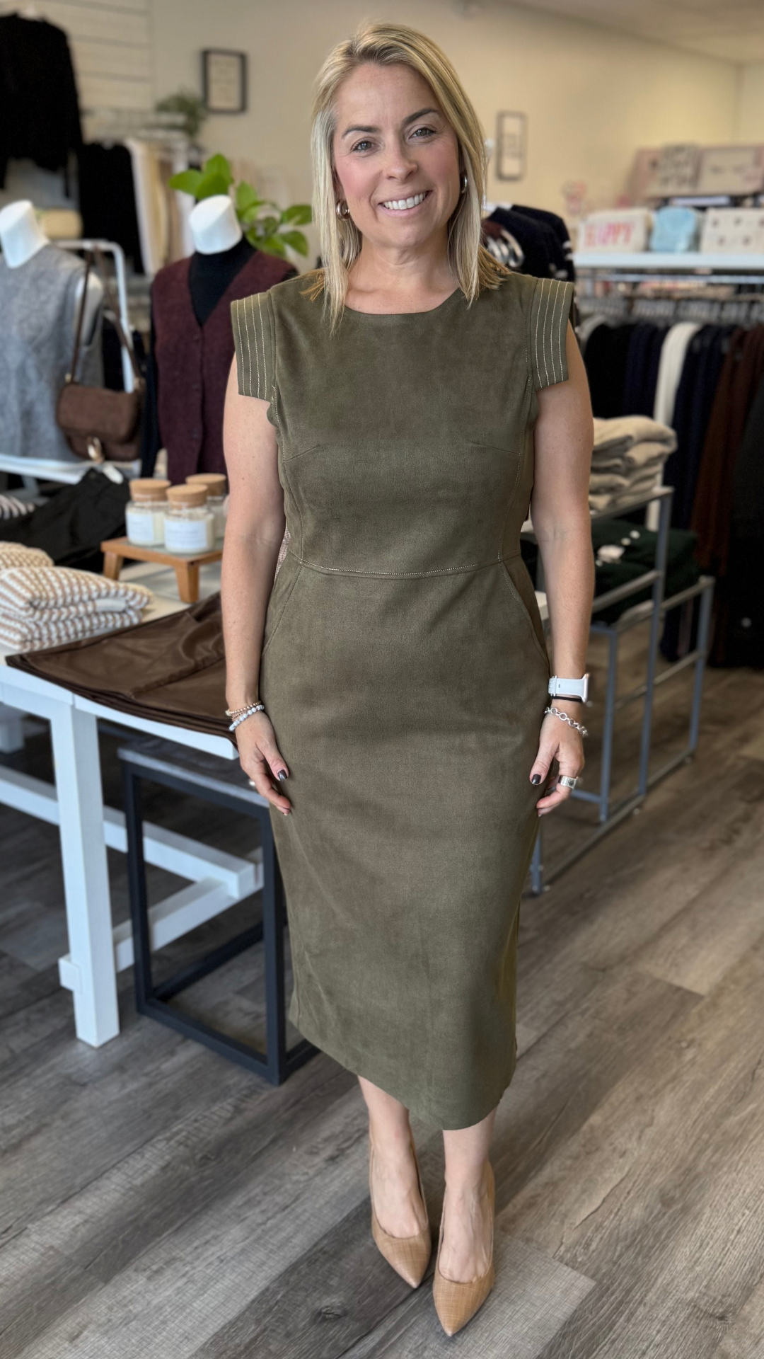 Olive Sleeveless Suede Dress