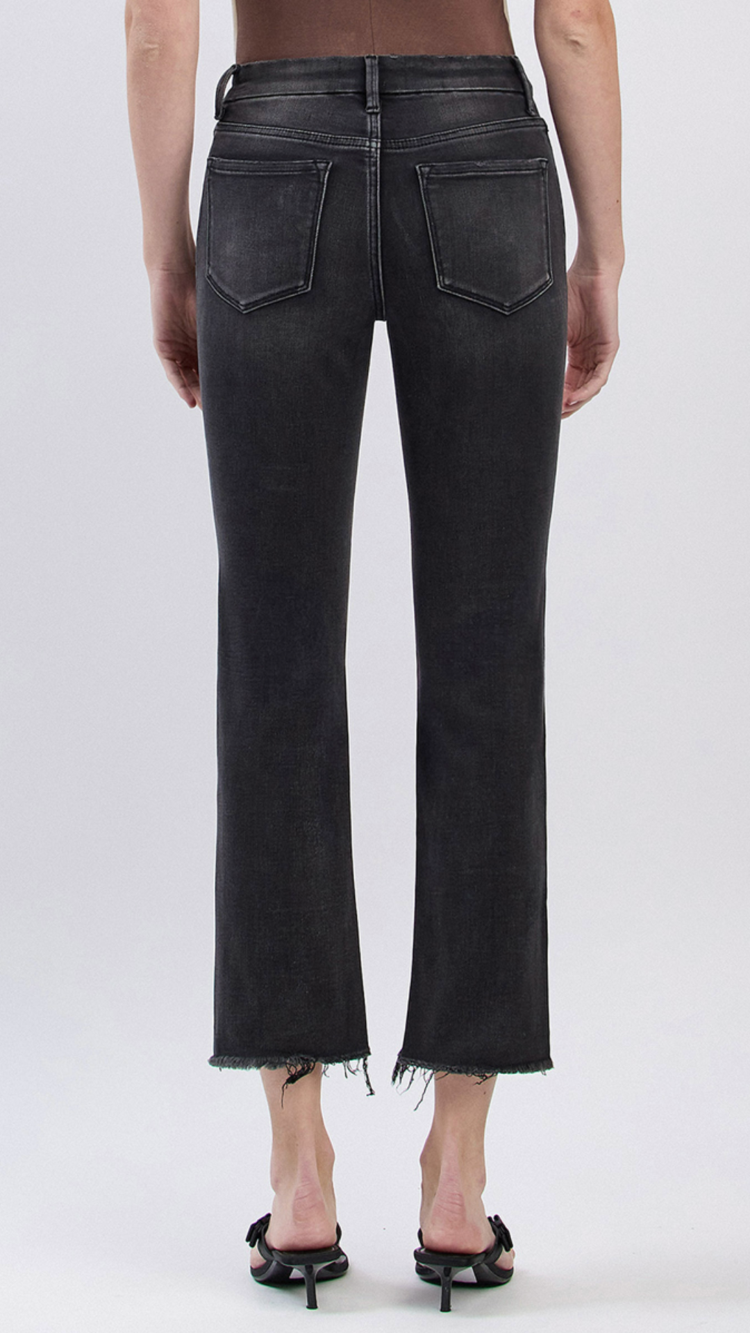 High Rise Black Frayed Hem Slim Straight Jeans