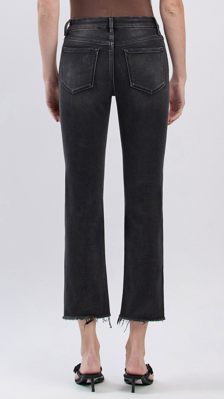 High Rise Black Frayed Hem Slim Straight Jeans