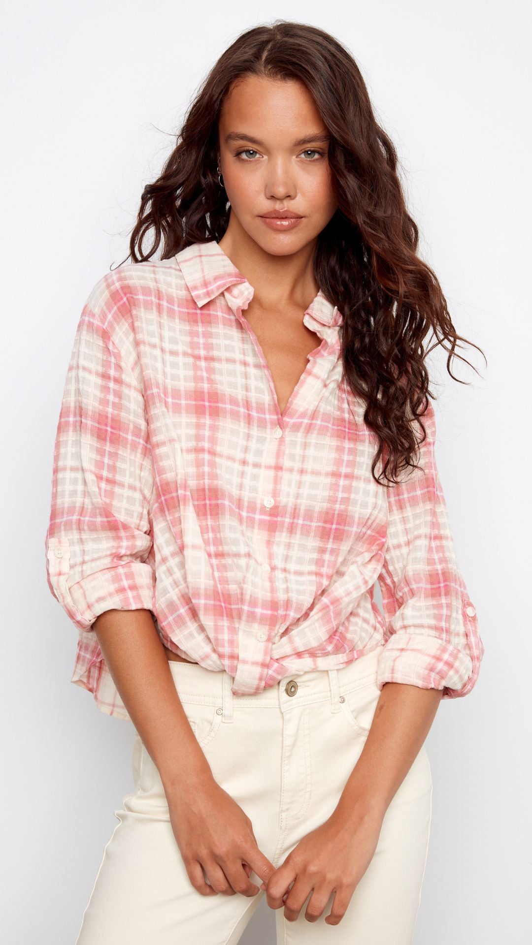 Cotton Plaid Twist Front Shirt With Roll Up Long Sleeves