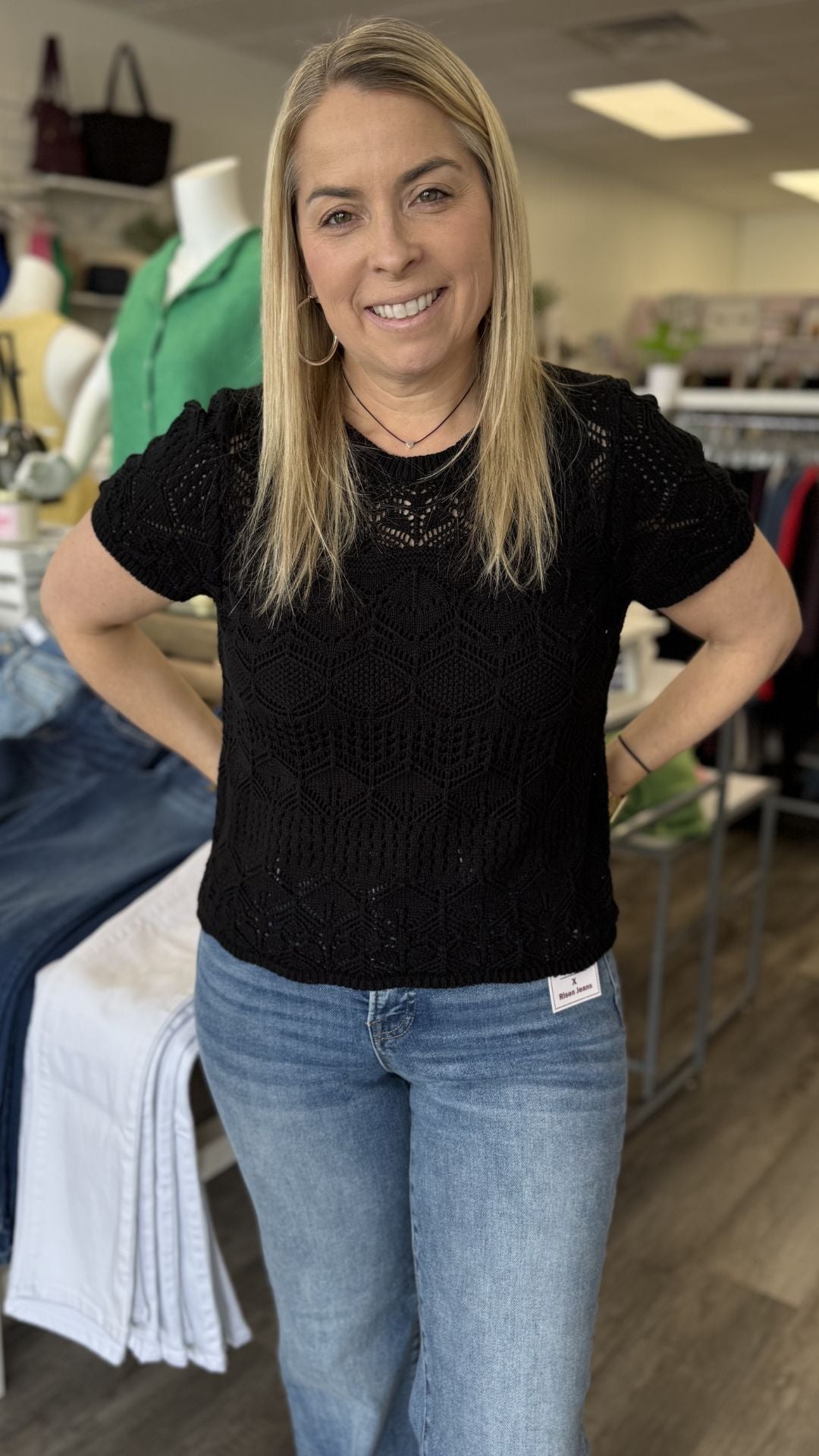 Black Lace Short Sleeve Sweater Top