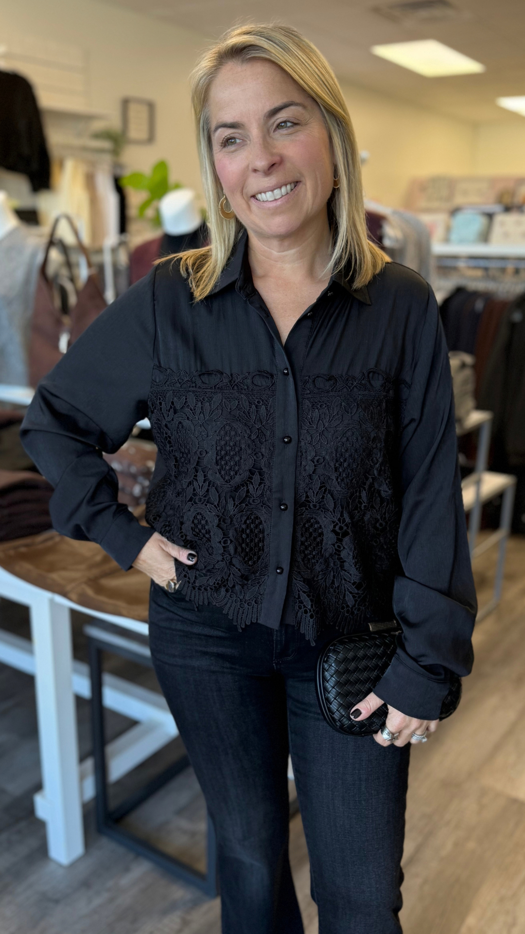 Black Lace Detail Long Sleeve Top