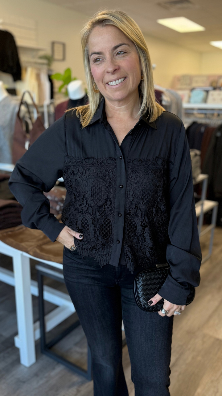 Black Lace Detail Long Sleeve Top