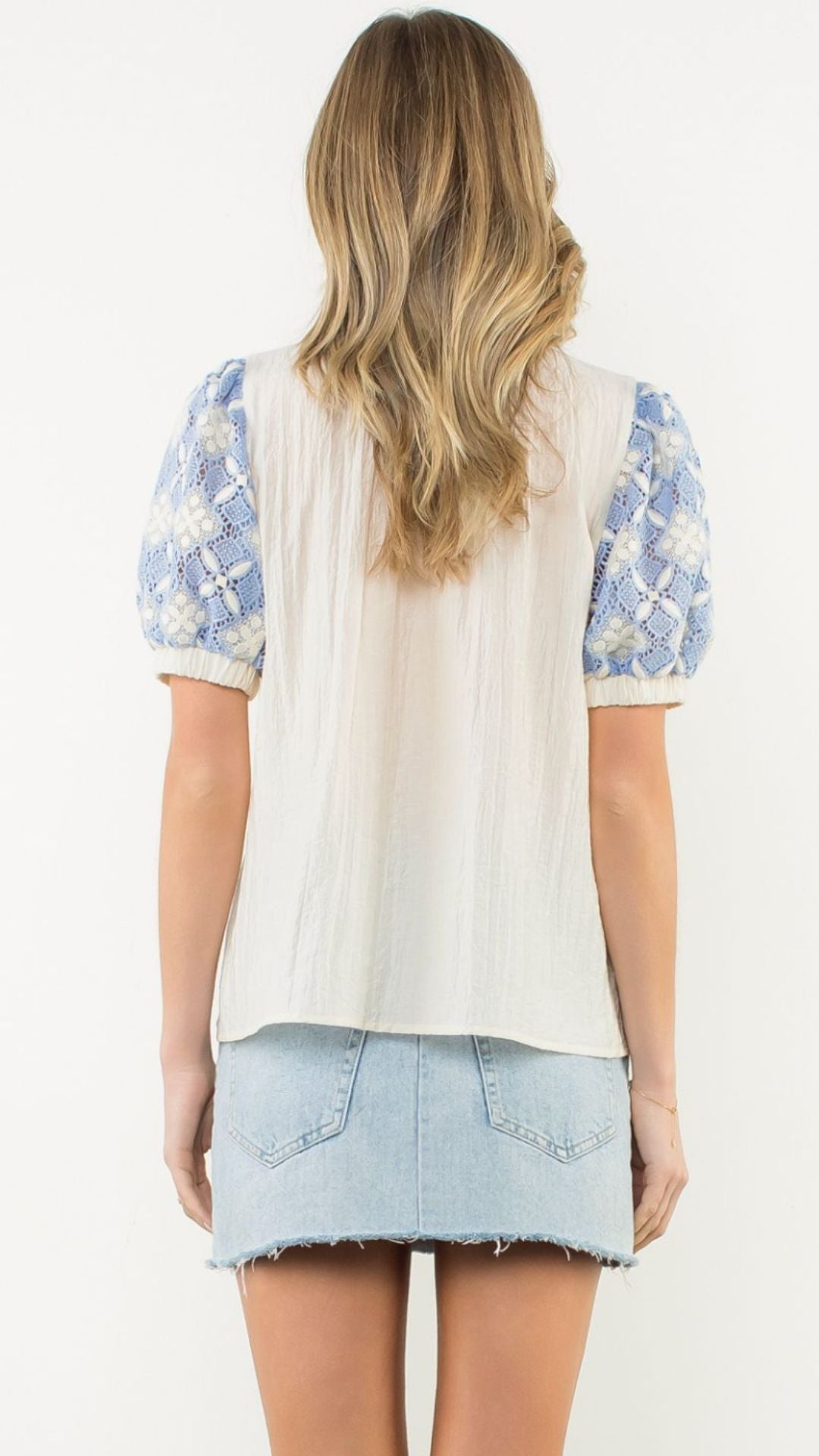 Embroidered Yoke Puff Sleeve Crinkle Top