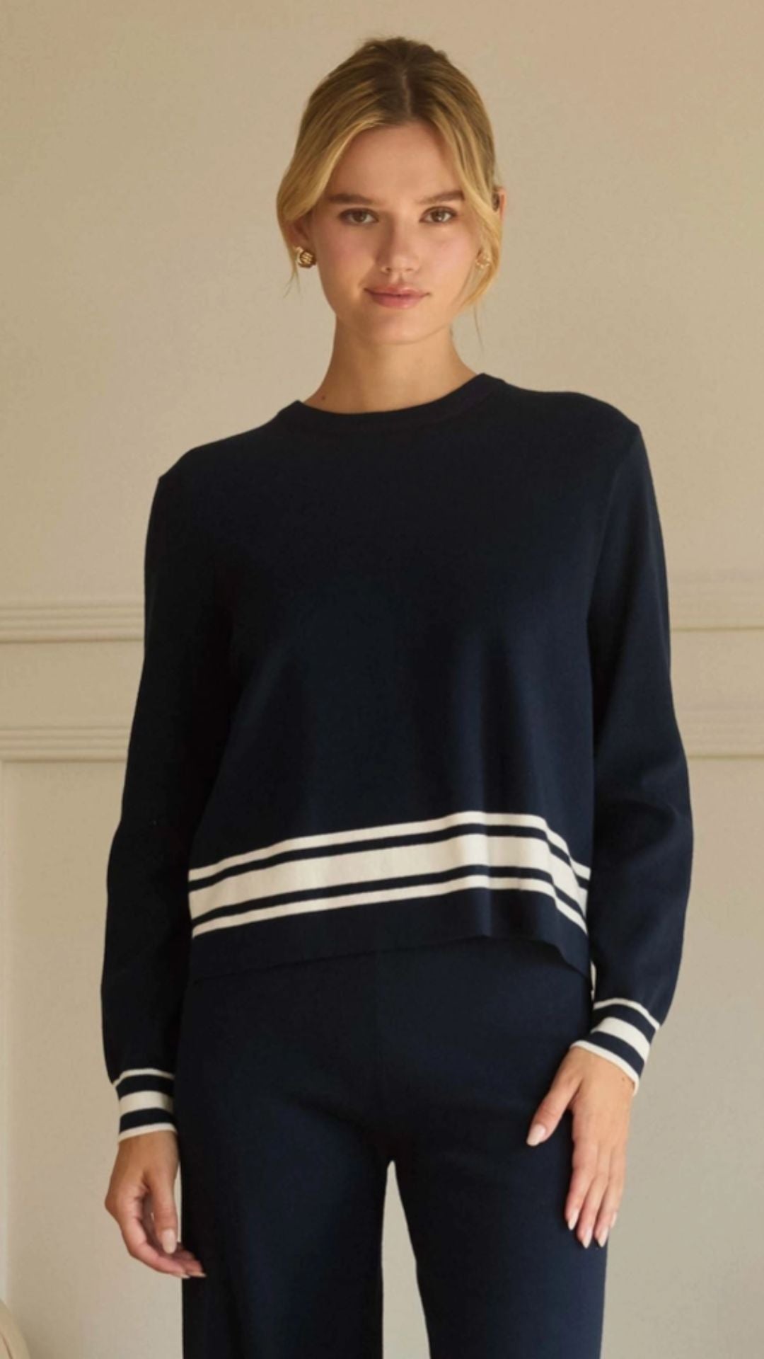 Navy And White Long Sleeve Crew Neck With Stripe Hem