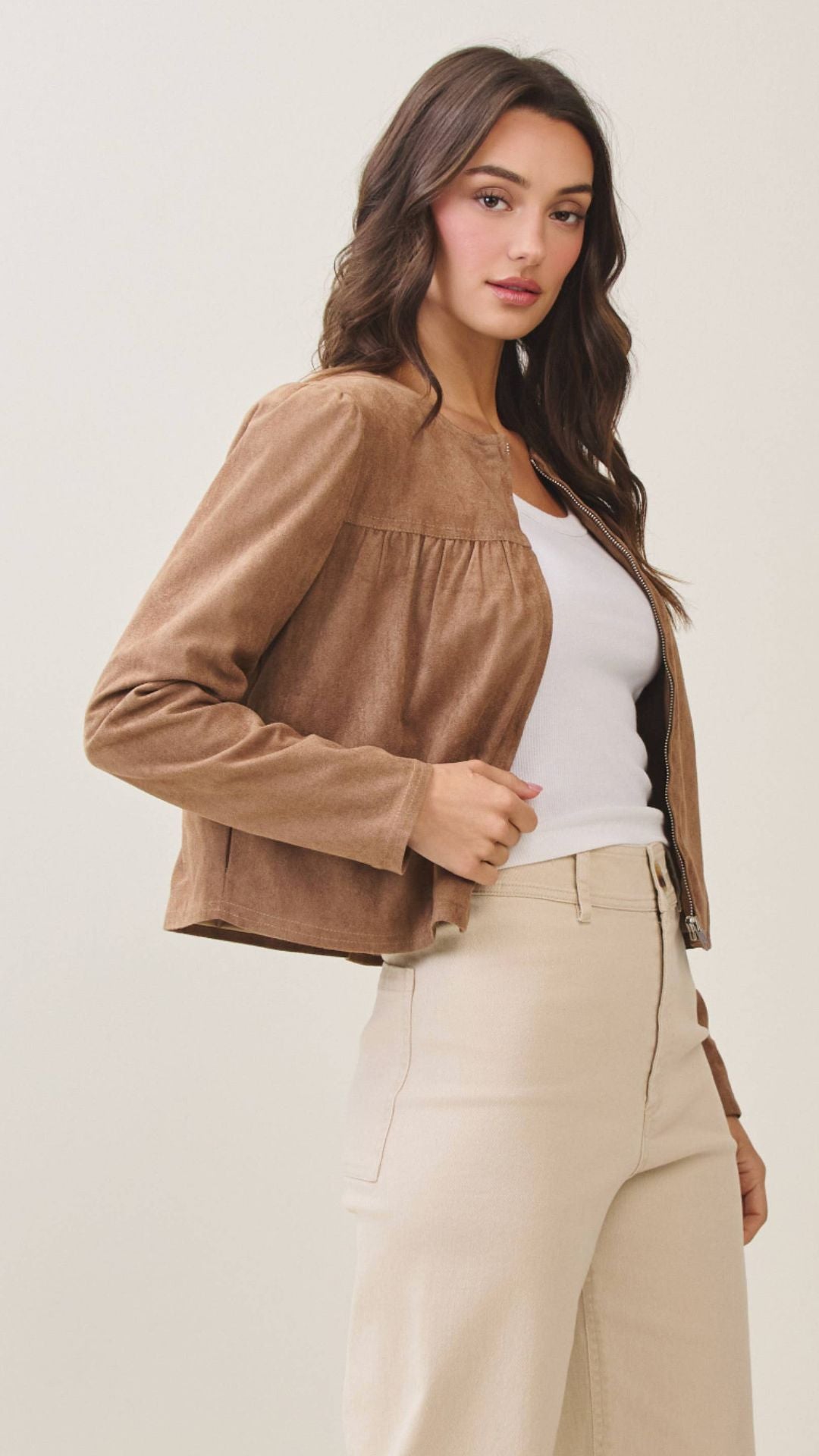 Mocha Shirred Vegan Suede Zip Up Jacket