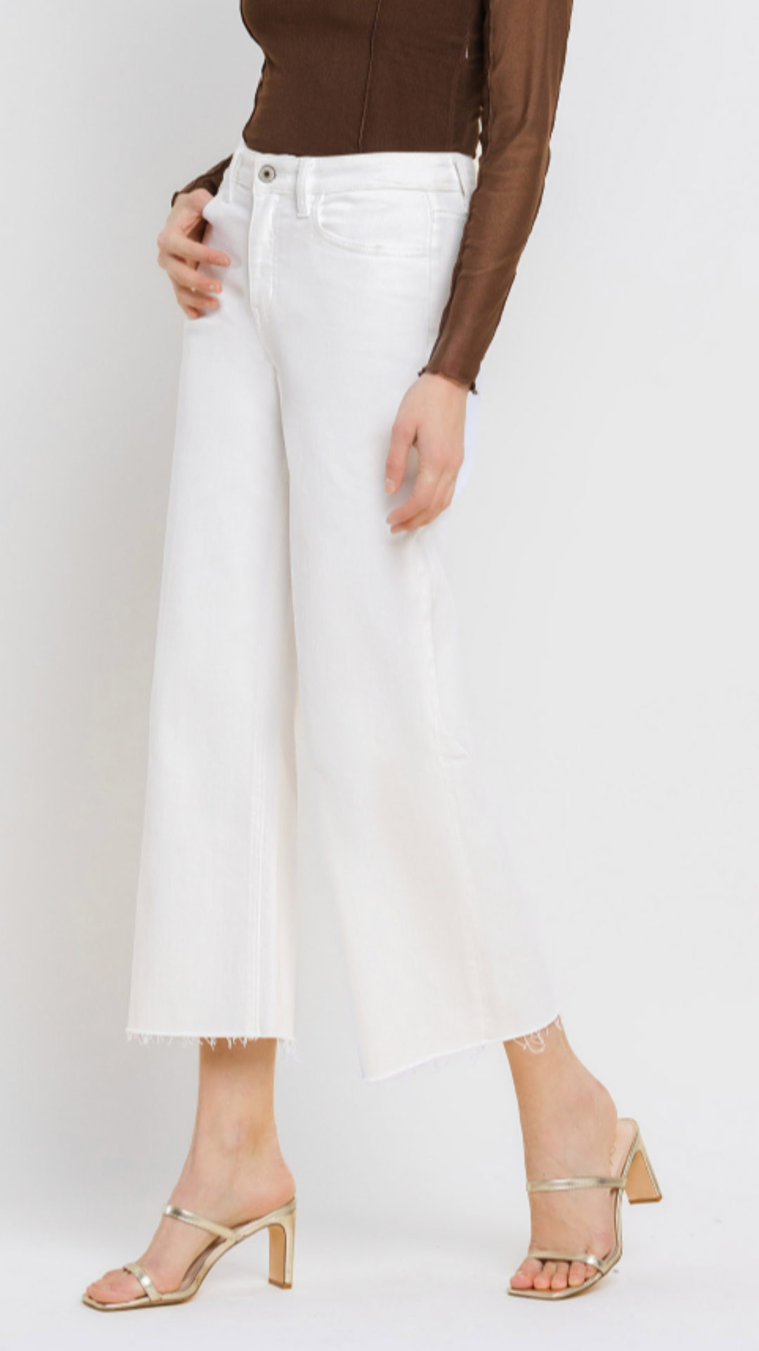 High Rise White Raw Hem Wide Leg Jeans