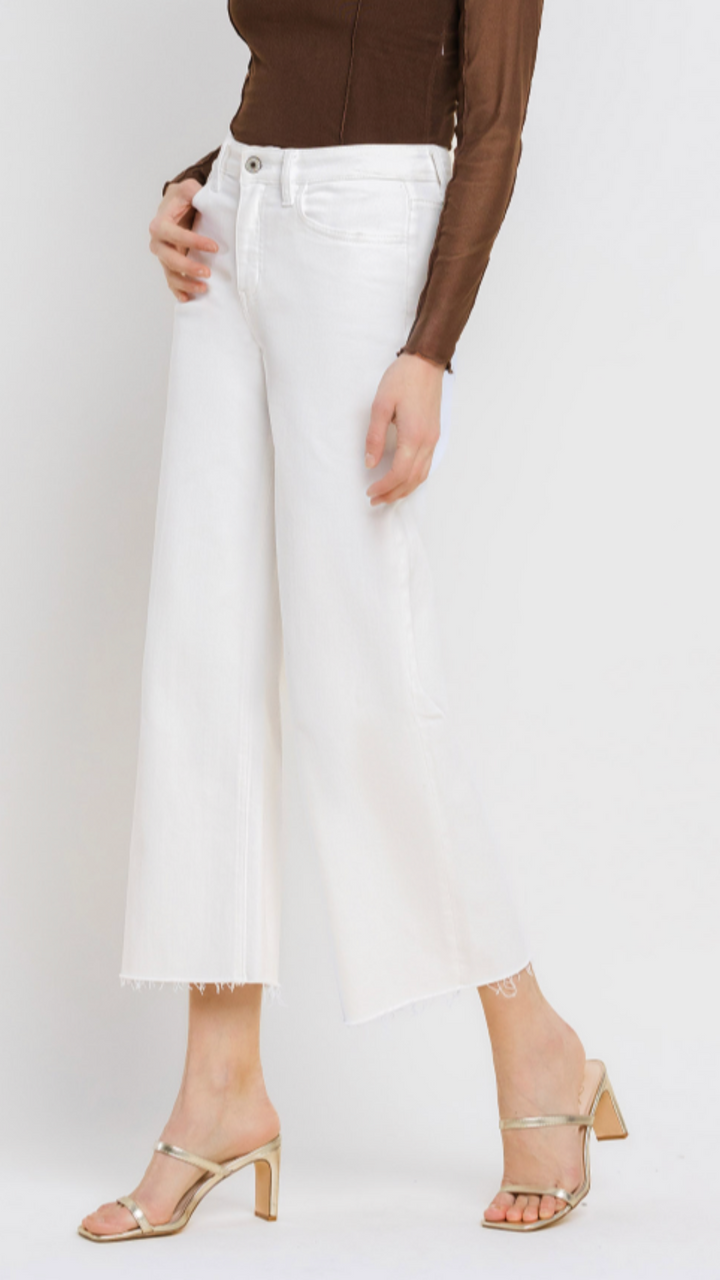 High Rise White Raw Hem Wide Leg Jeans