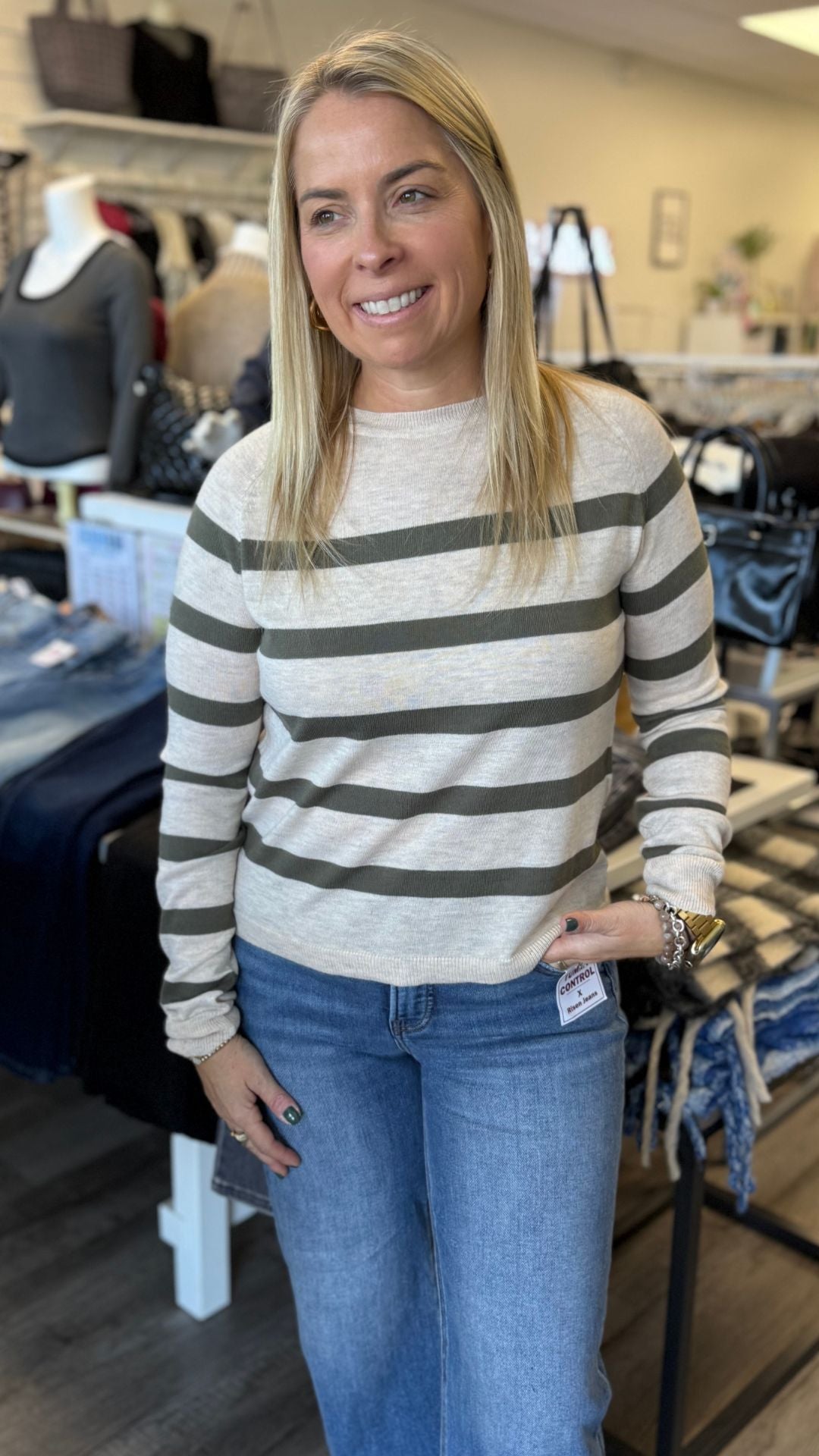 Olive And Oatmeal Striped Round Neck Top