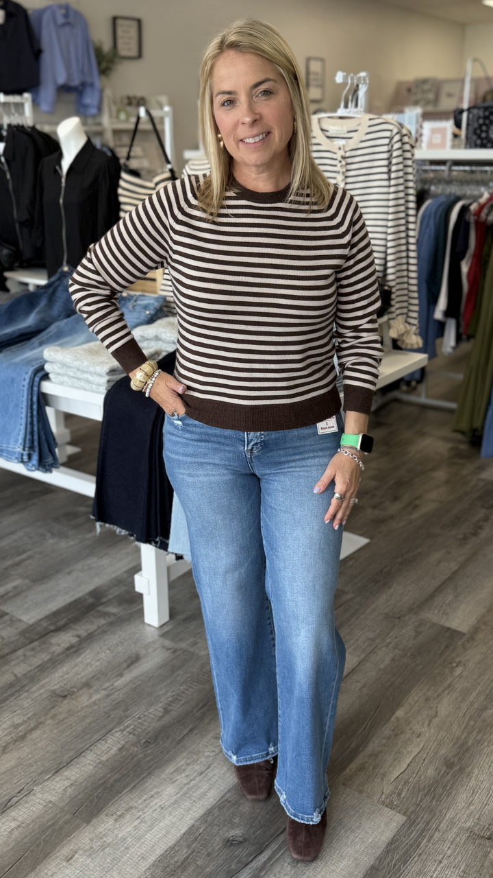Mocha Striped Round Neck Sweater Top