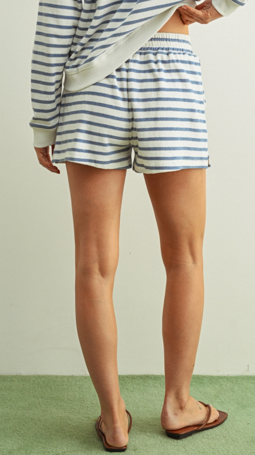 Blue And White Striped Terry Top And Shorts Set