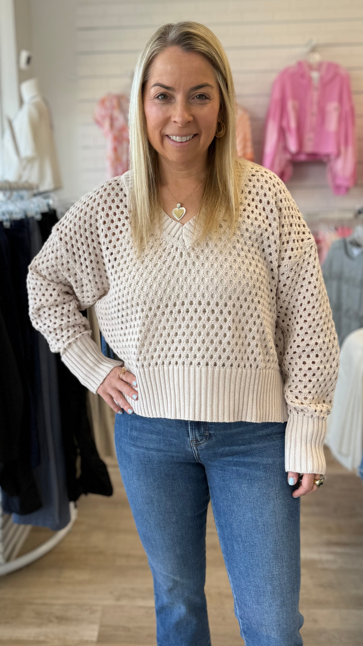 Open Knit V Neck Pullover