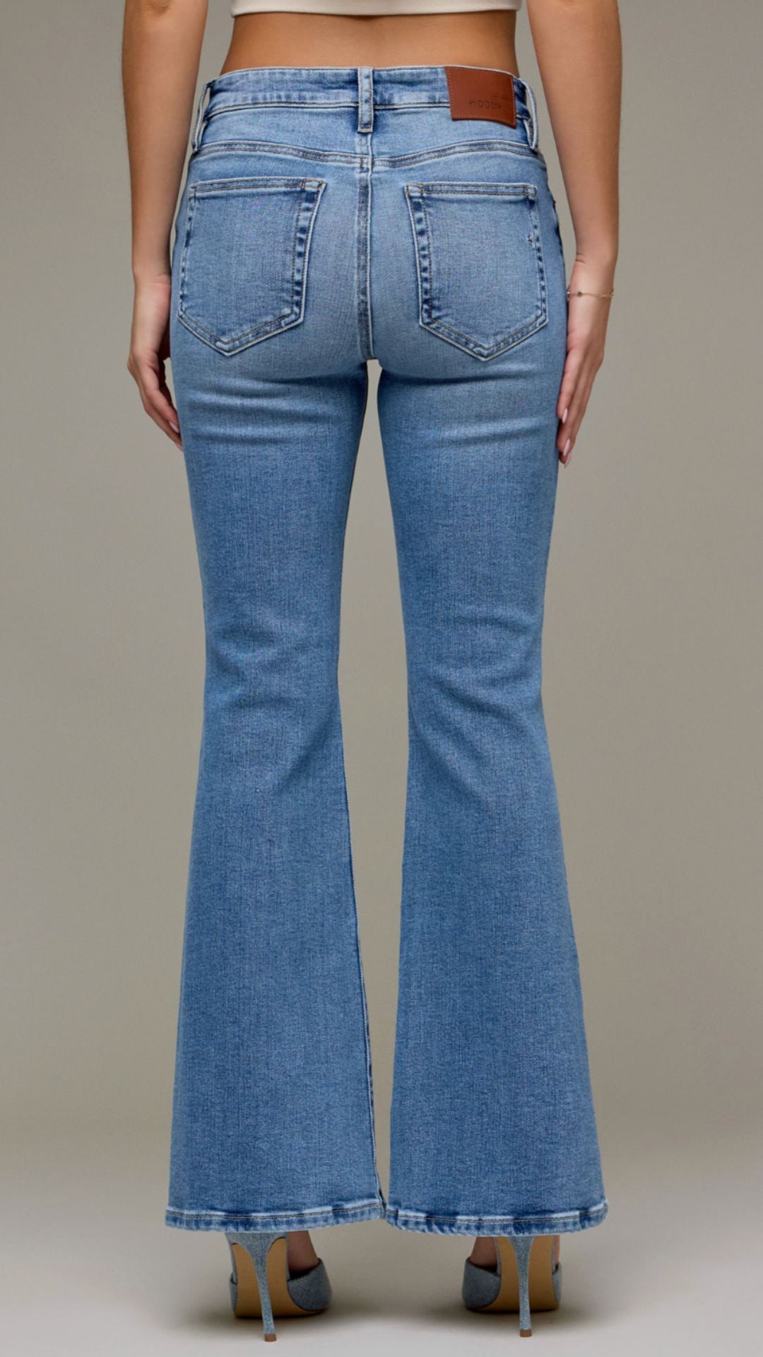 Mid Rise Medium Wash Full Length Flare Jeans
