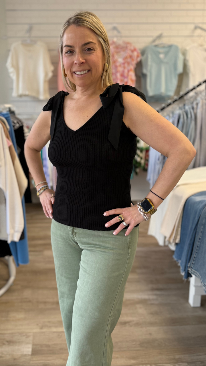 Mixed Media Shoulder Tie Rib Sweater Tank