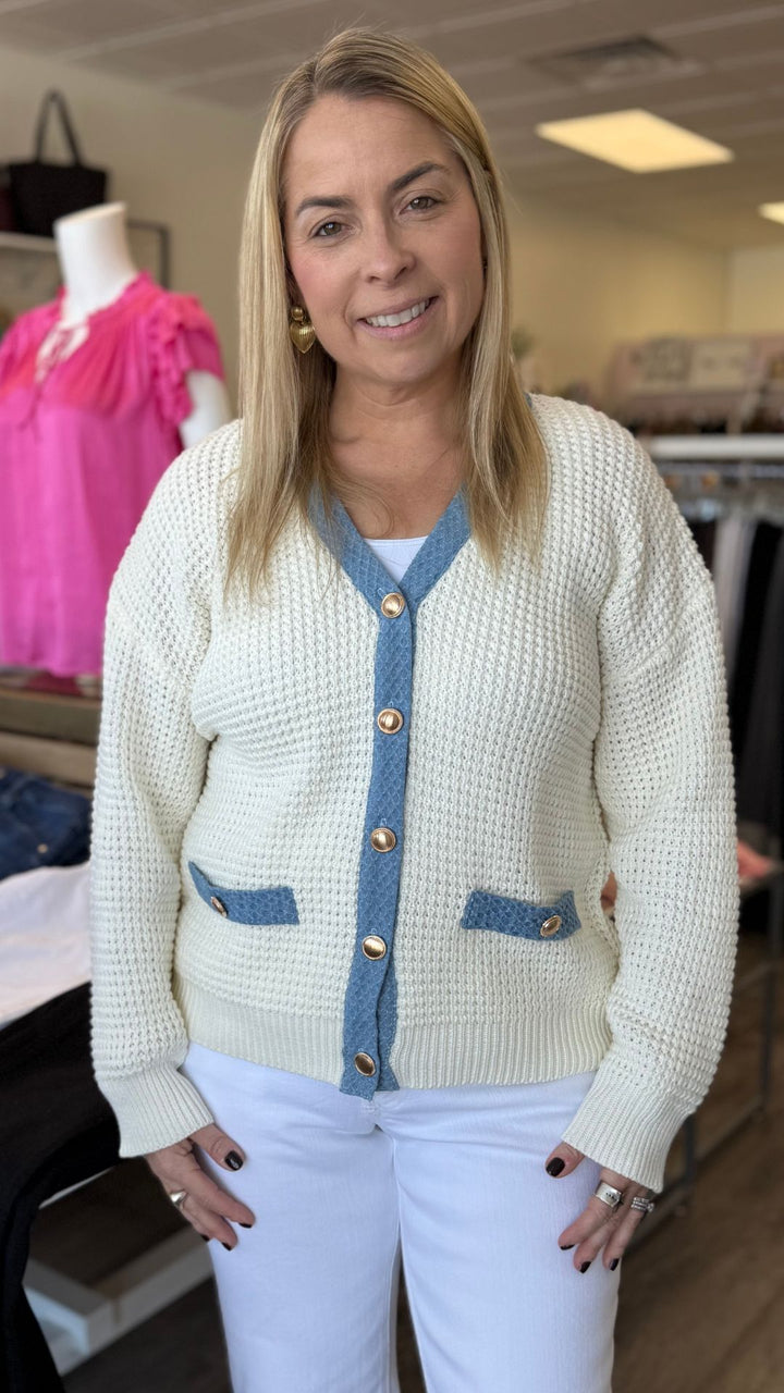 Cream And Denim Contrast Cardigan