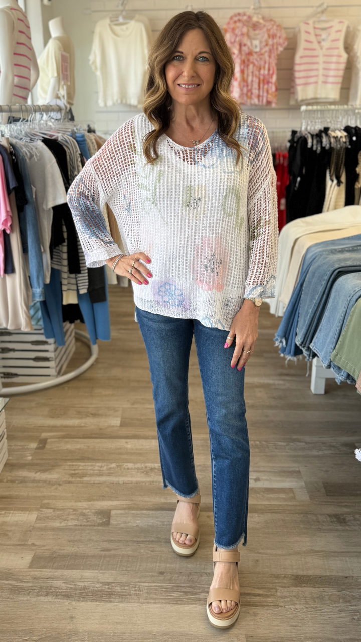 Fishnet Floral Sweater With Hi-Low Hem