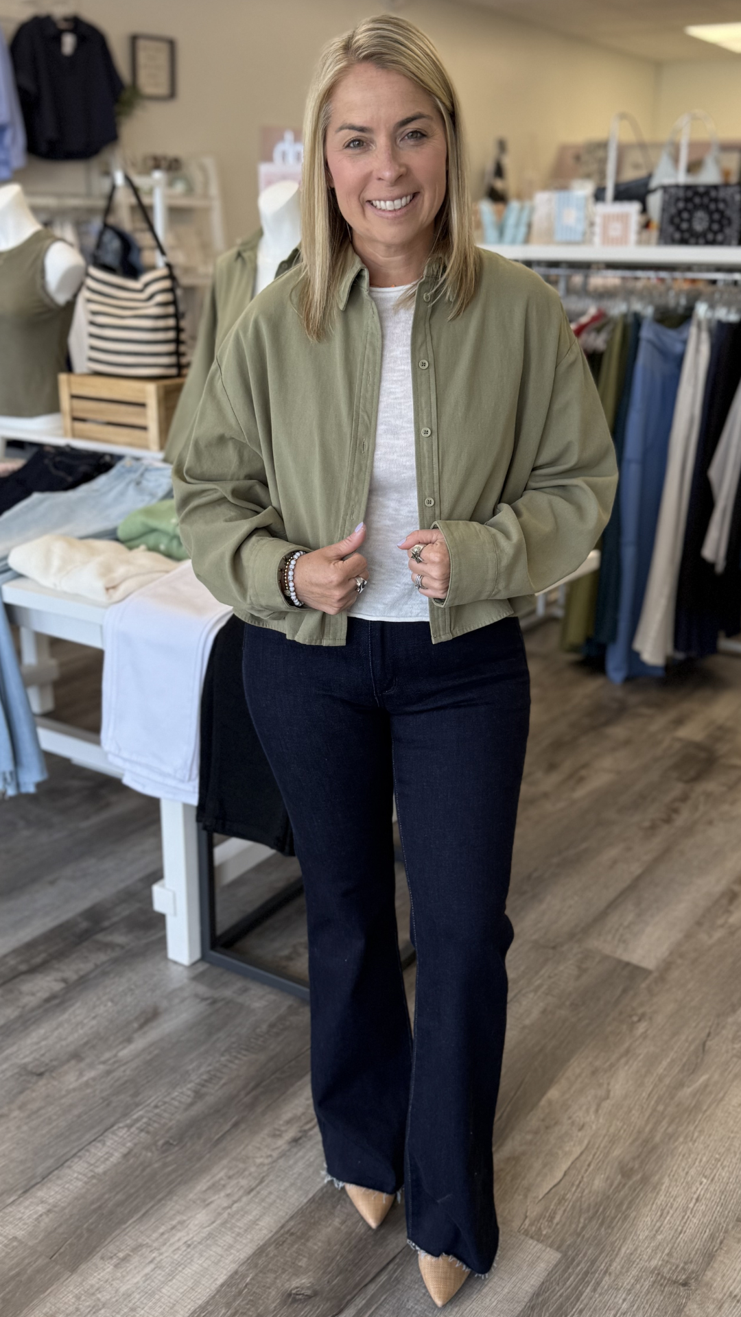 Olive Cropped Buttondown Shirt Jacket