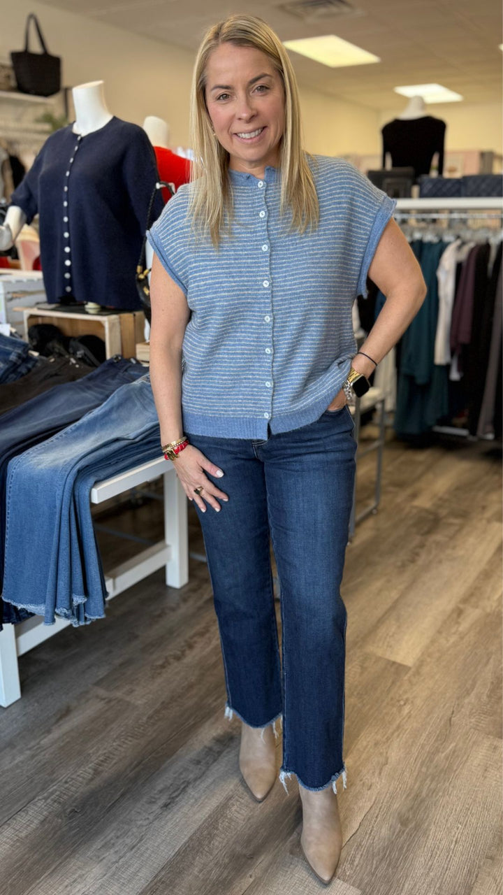 Dusty Blue Pin Striped Piper Vest Cardigan