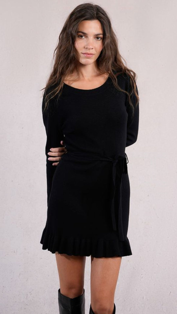 Black Knit Sweater Dress With Tie