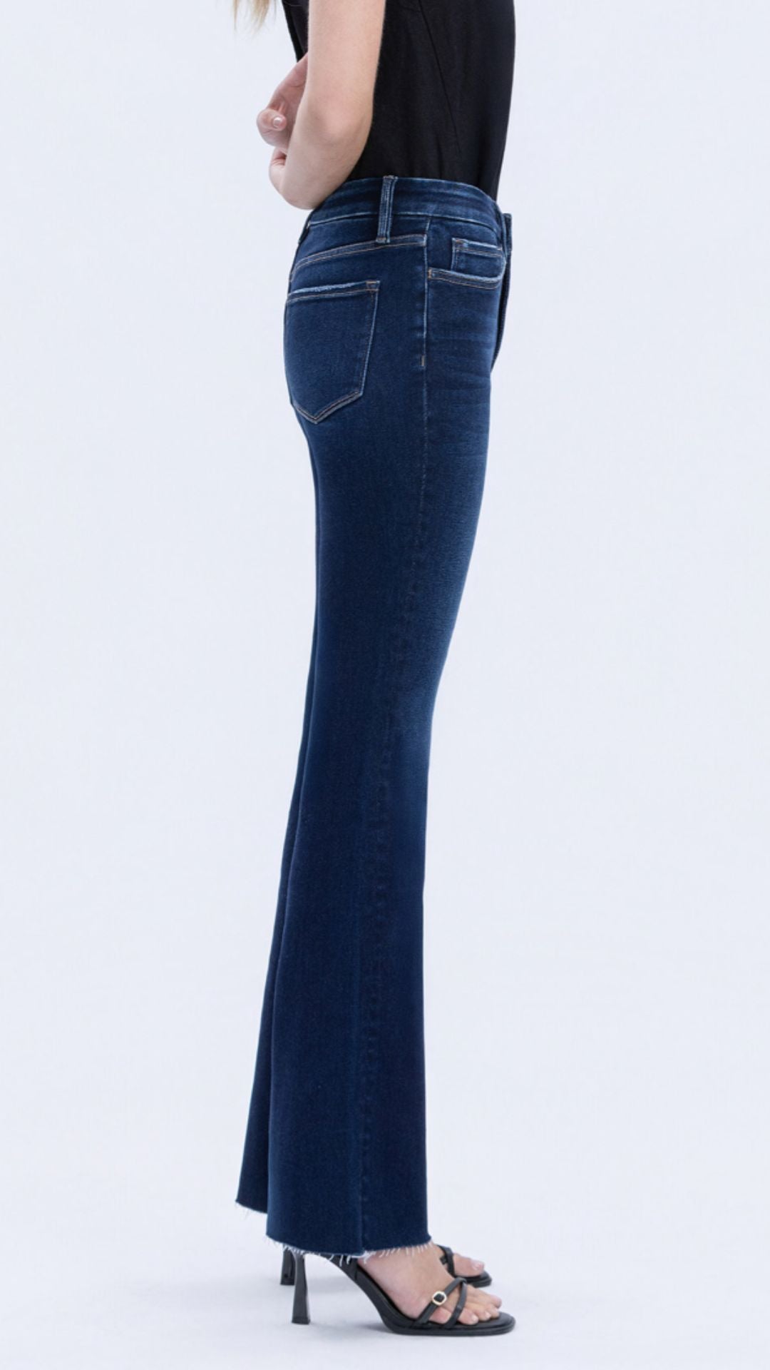 High Rise Dark Wash Full Length Seamless Waistband Raw Hem Bootcut Jeans