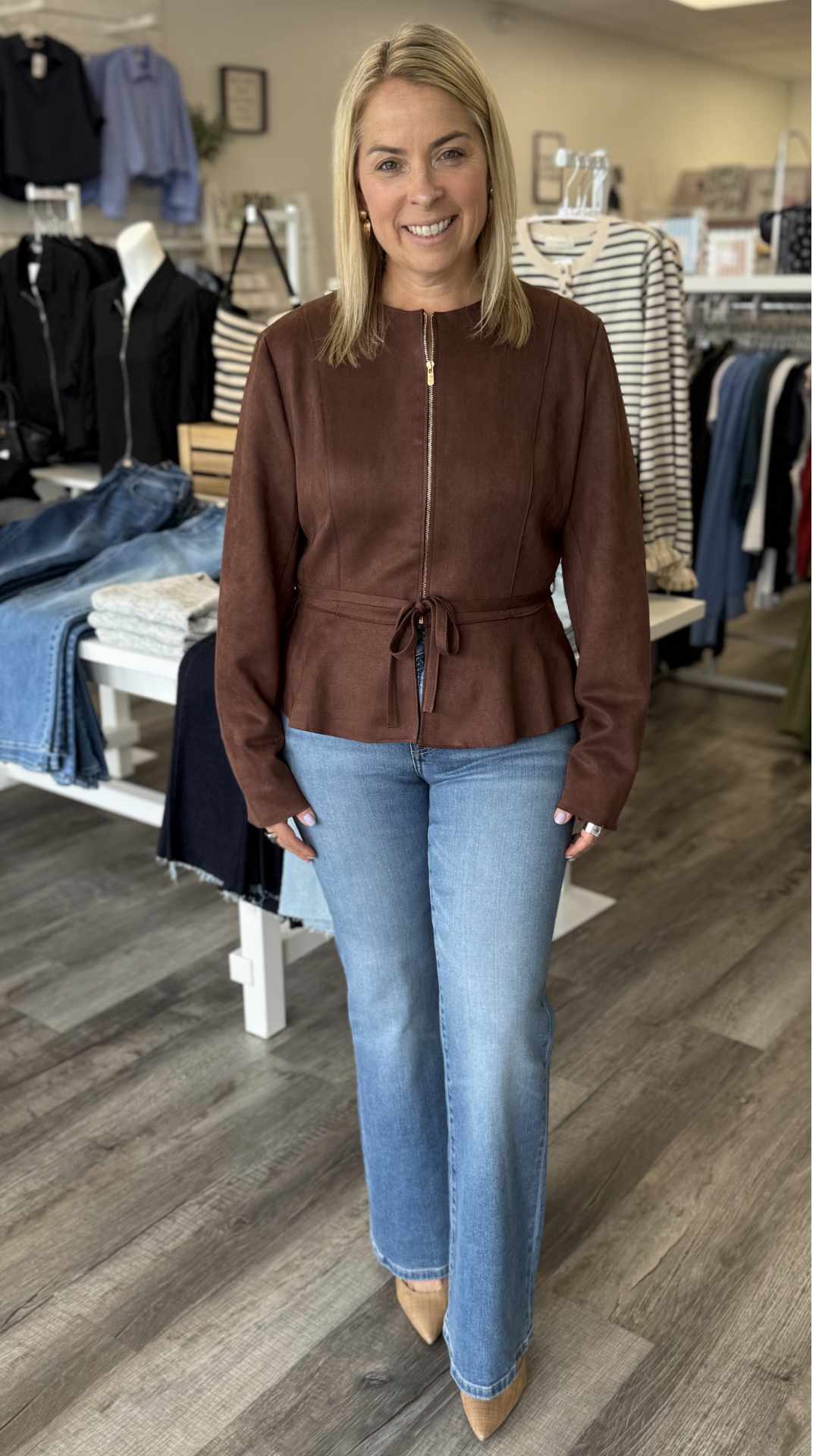 Brown Suede Zipper Jacket With Tie Waist