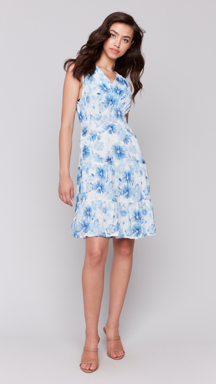 Celestial Printed Sleeveless V Neck Tiered Dress