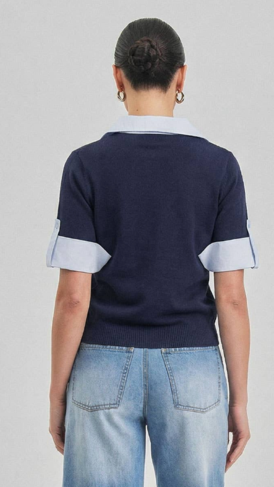 Navy Layered Look Short Sleeve Sweater Top