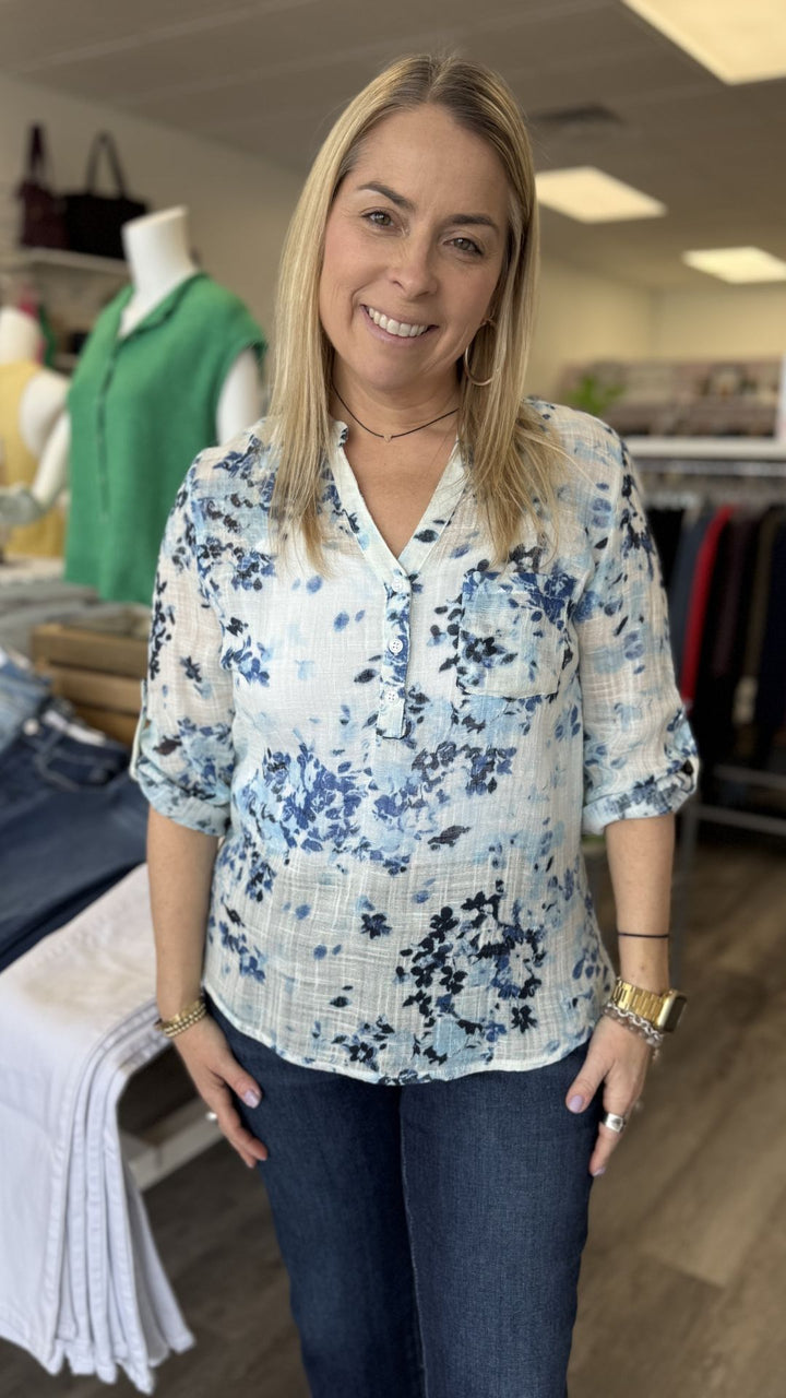 Light Blue Floral Roll Up Sleeve Cotton Gauze Top