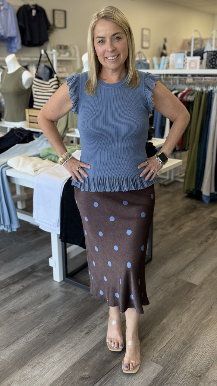 Dusty Blue Ruffle Sleeve Ribbed Tank