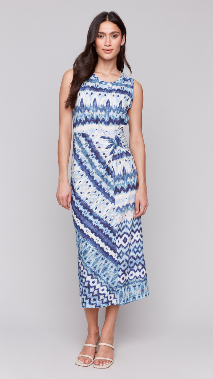 Sleeveless Pattern Dress with Faux Knot Detail