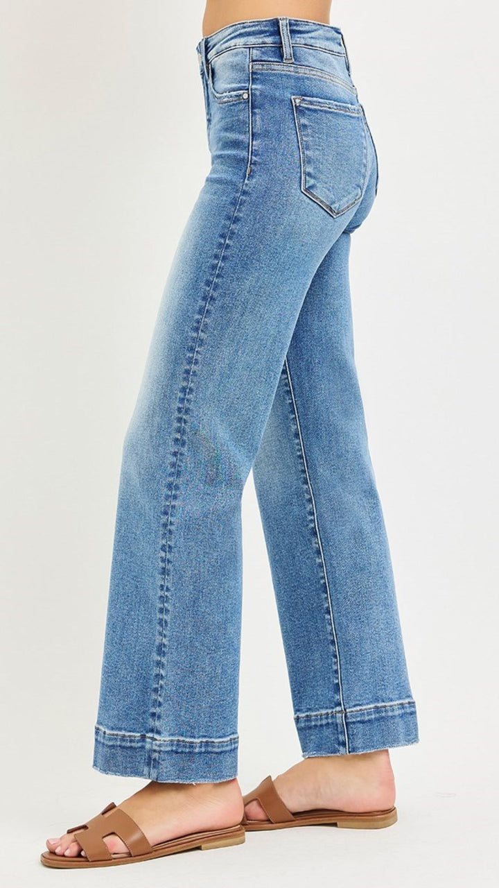 High Rise Light Wash Trouser Hem Straight Jeans