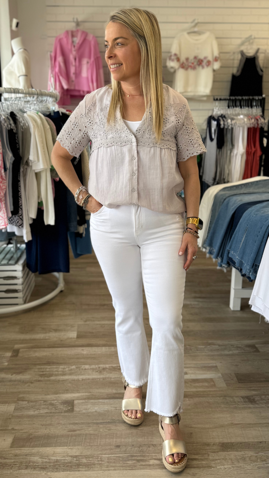 Dove Floral Eyelet Short Sleeve Button Down Blouse