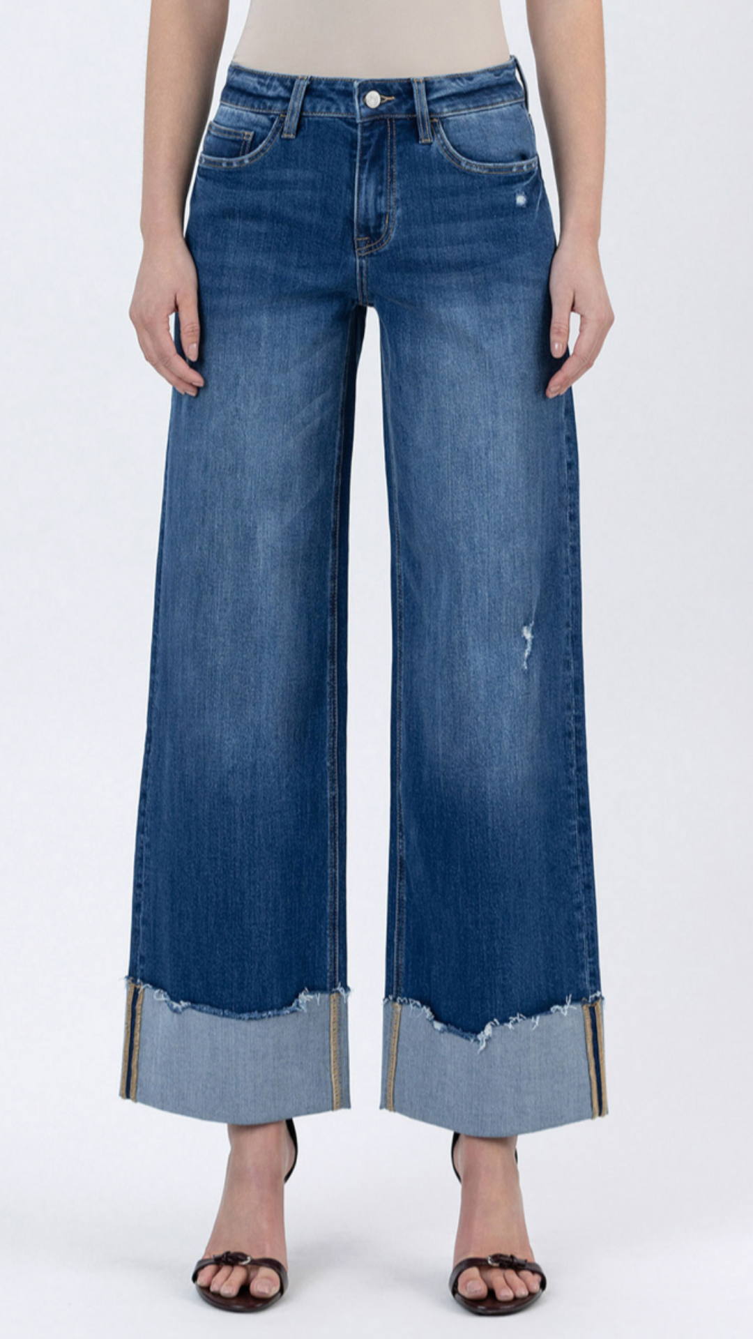 High Rise Dark Wash Cuffed Baggy Wide Leg Jeans