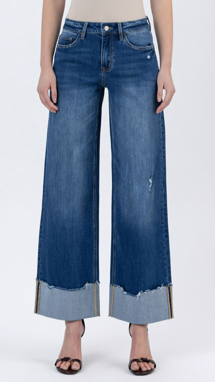 High Rise Dark Wash Cuffed Baggy Wide Leg Jeans