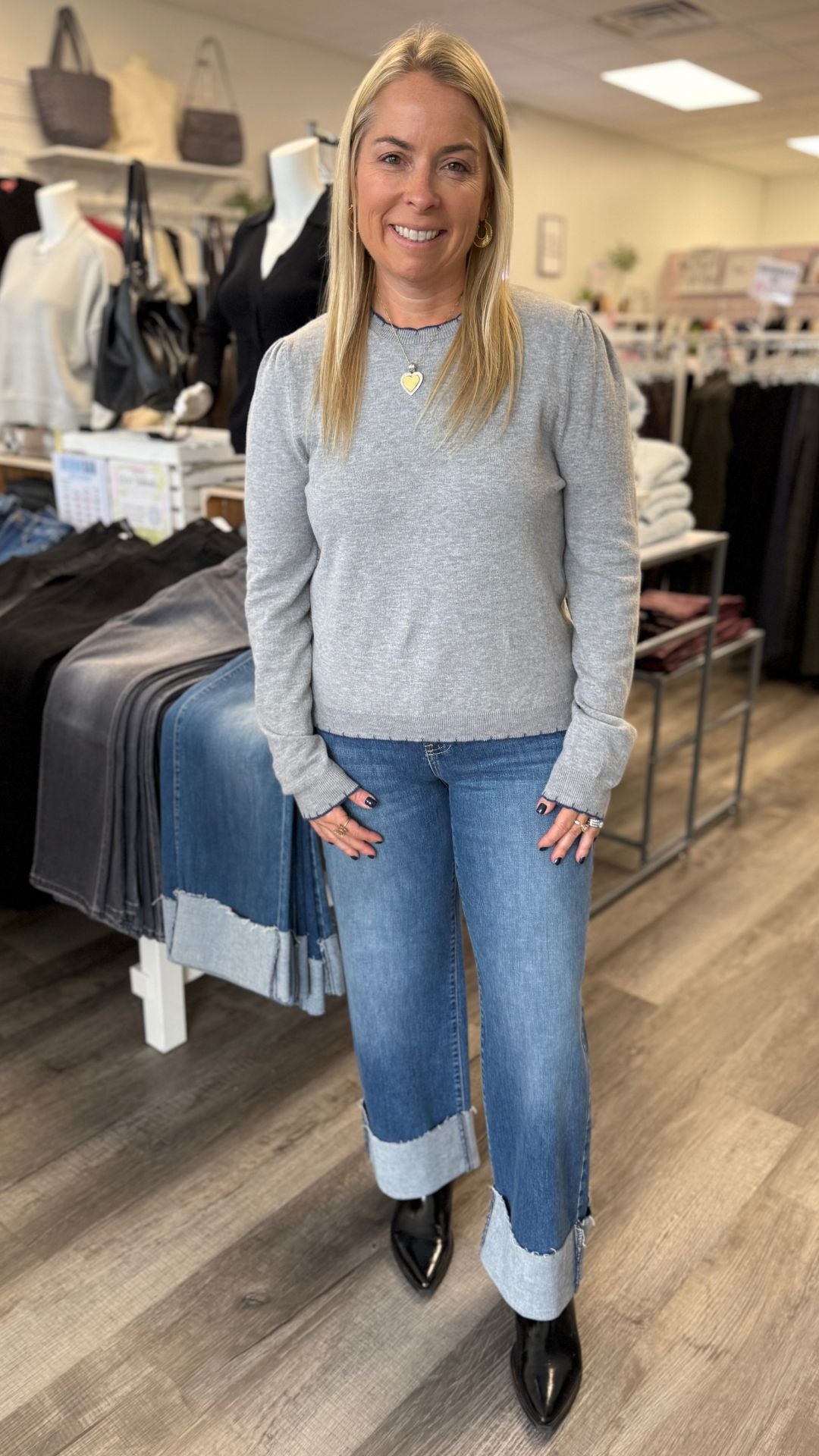 Heather Gray And Blue Contrast Knit Scalloped Edge Sweater