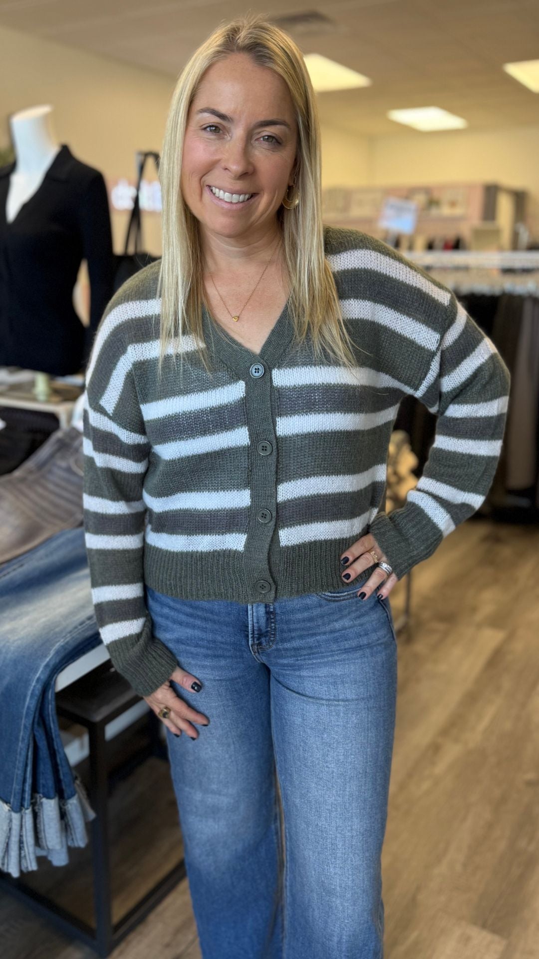 Olive Multi Stripe Crop Cardigan Sweater