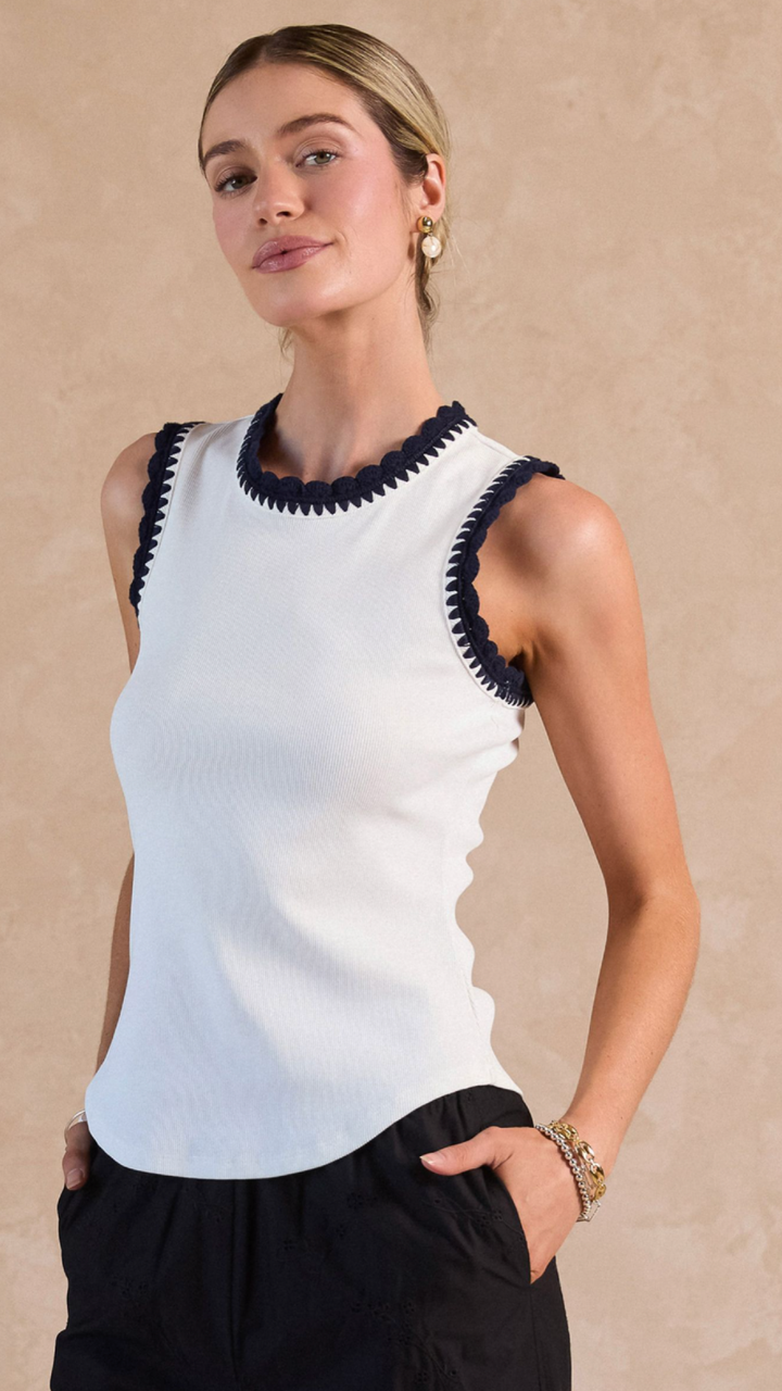 Navy Crochet Trim White Tank