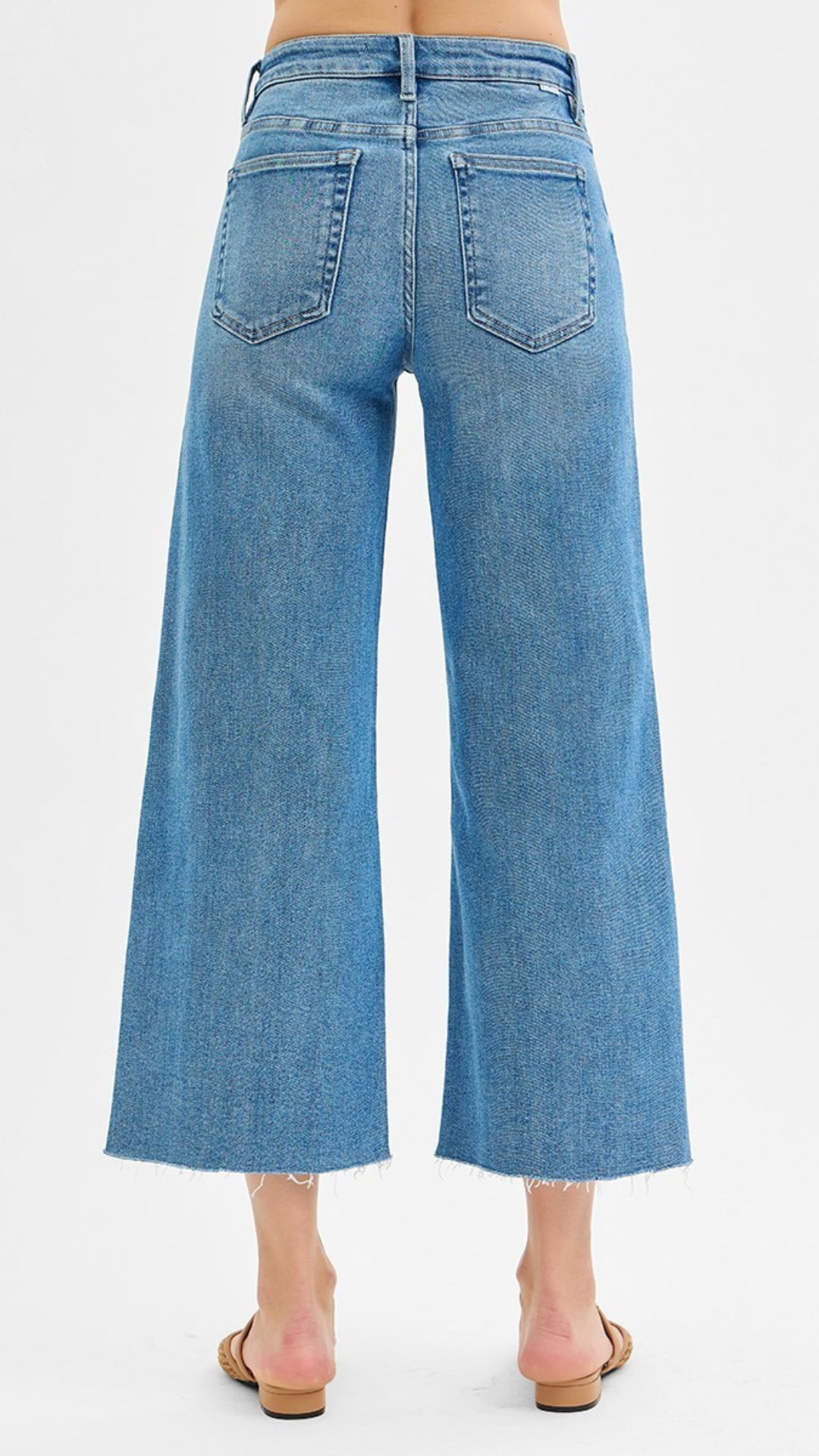 Mid Rise Tummy Control Medium Wash Crop Wide Front Slit Jeans