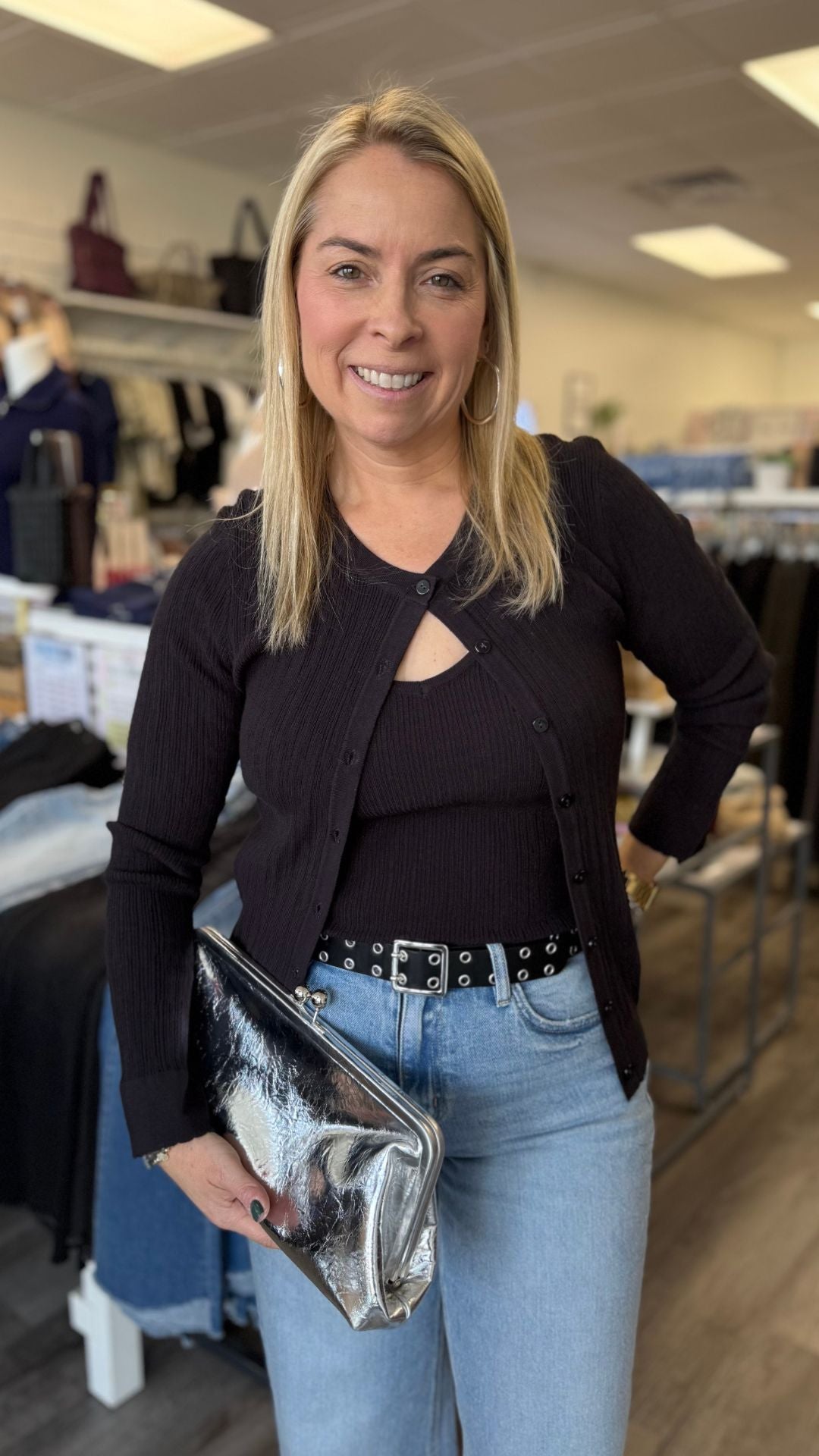 Black Ribbed Cardigan With Tank Top Set